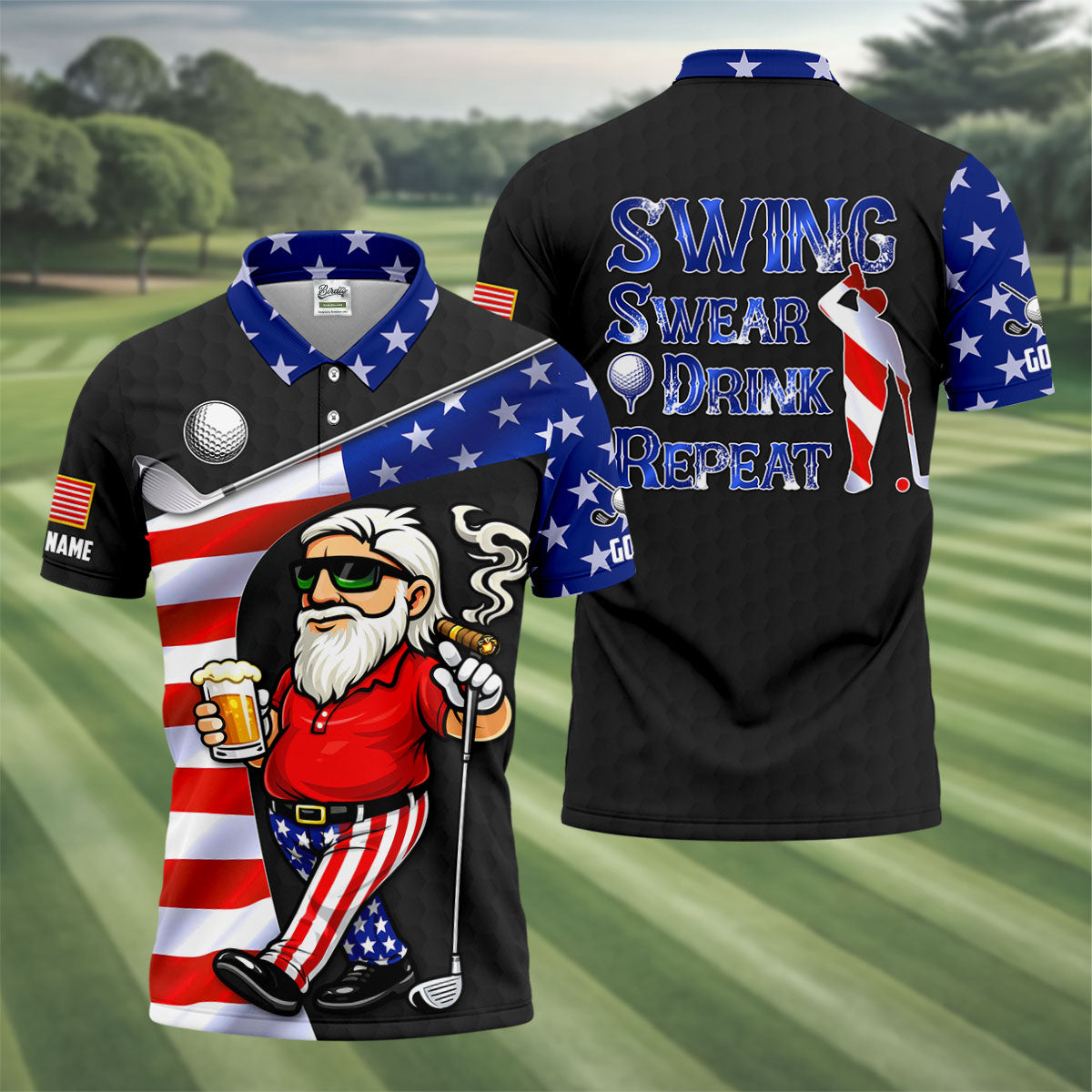 Swing Swear Drink Repeat Golf And Beer Patriotic Man 4th Of July Black Golf Shirt, 250 Years Golf Shirts For Men
