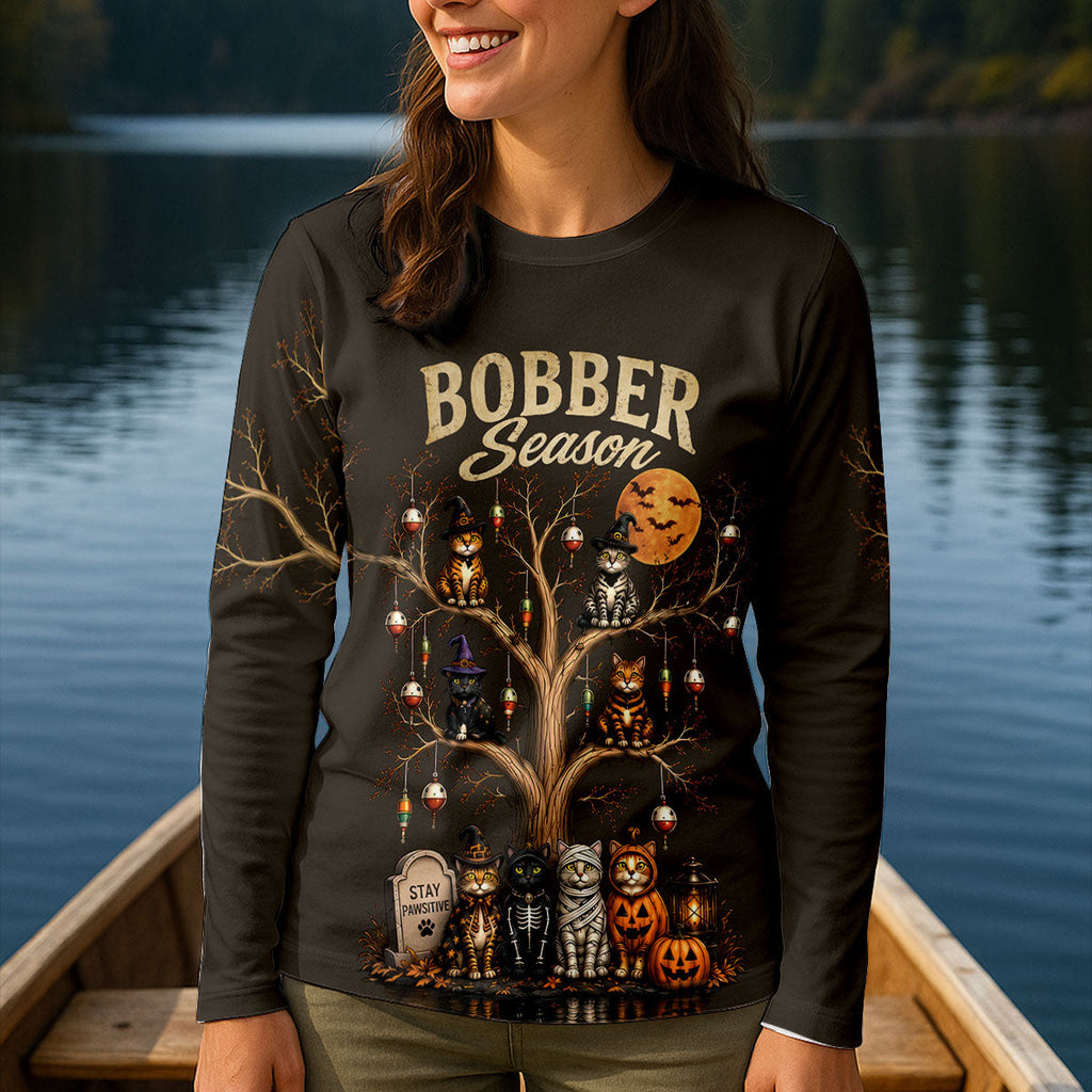 Bobber Season Halloween Cat UPF Fishing Shirt, Fishing Shirts For Women, Long Sleeve Shirt