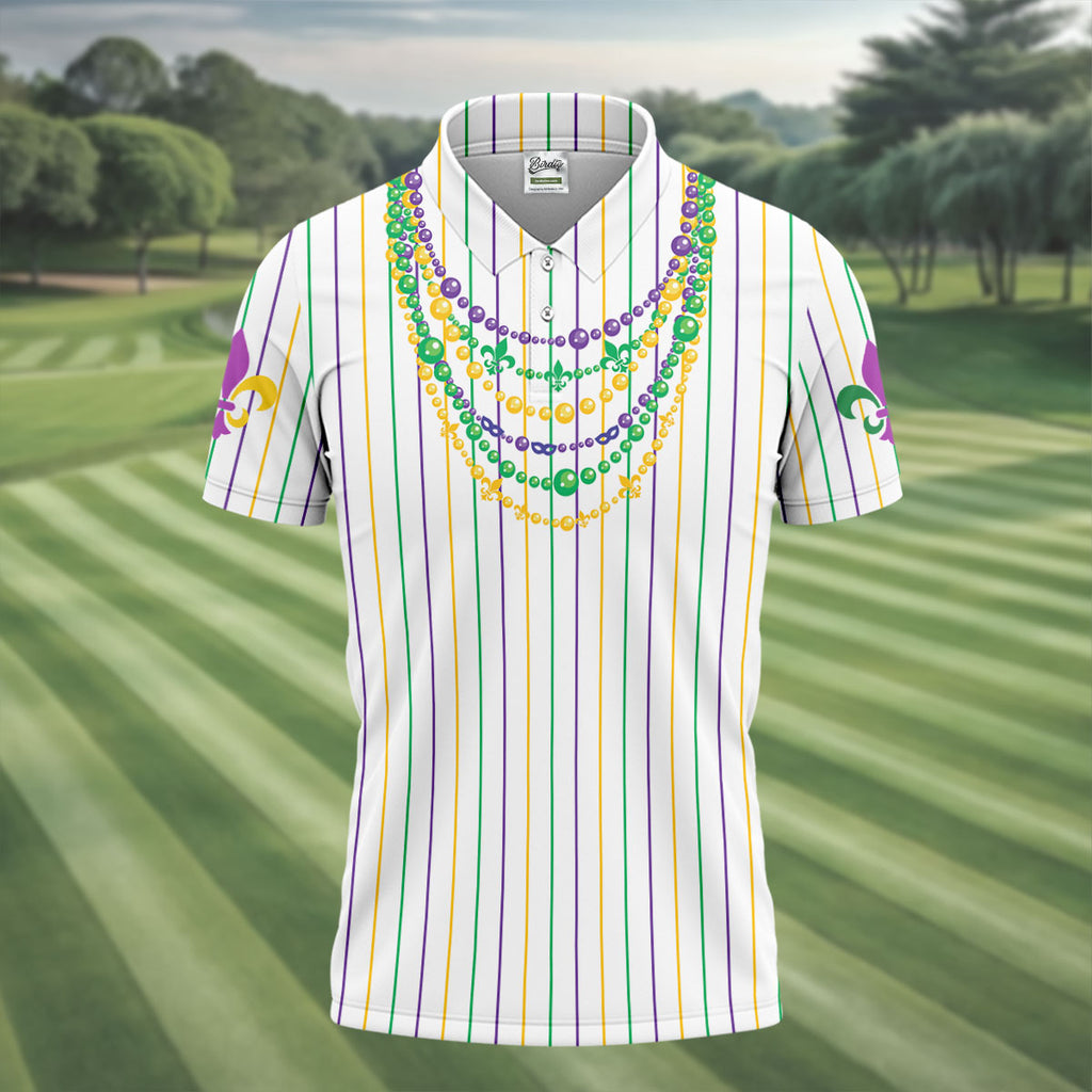 Mardi Gras Beads Necklaces Print White Golf Shirt, Golf Tops For Men, Polo Shirts For Men, Golf Shirts For Men