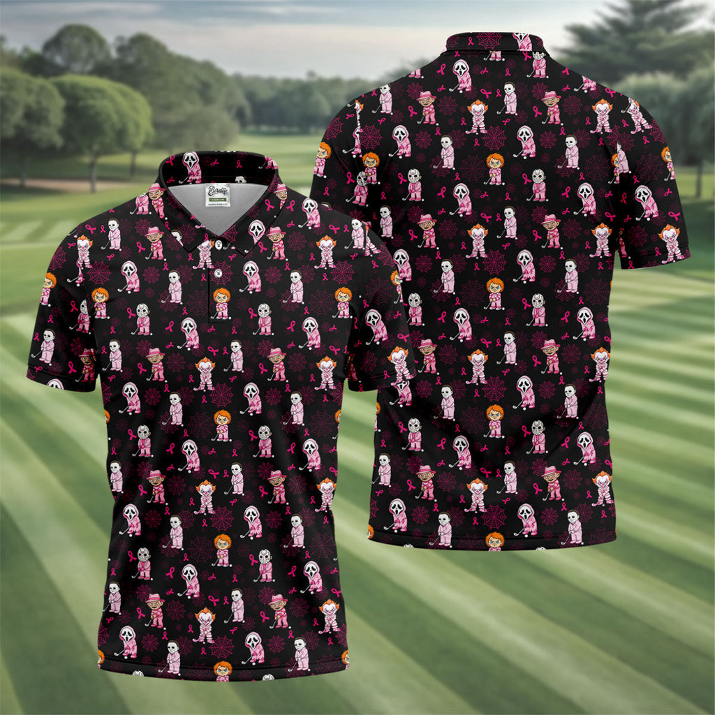 Black Halloween Horror Breast Cancer Polo Shirt, Men's Golf Shirt, Printed Golf Shirts