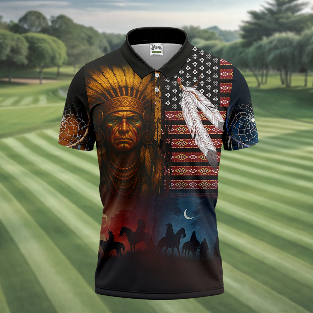 Native Heritage Red & Blue Golf Tops For Men, Native American Ancestry Polo Shirts For Men, Indigenous Peoples Month