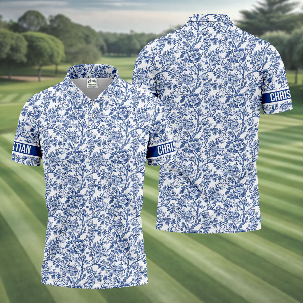 Toile De Jouy Blue Golf Shirt, Golf Tops For Men, Polo Shirts For Men, Golf Gift For Men, Golf Shirts For Men