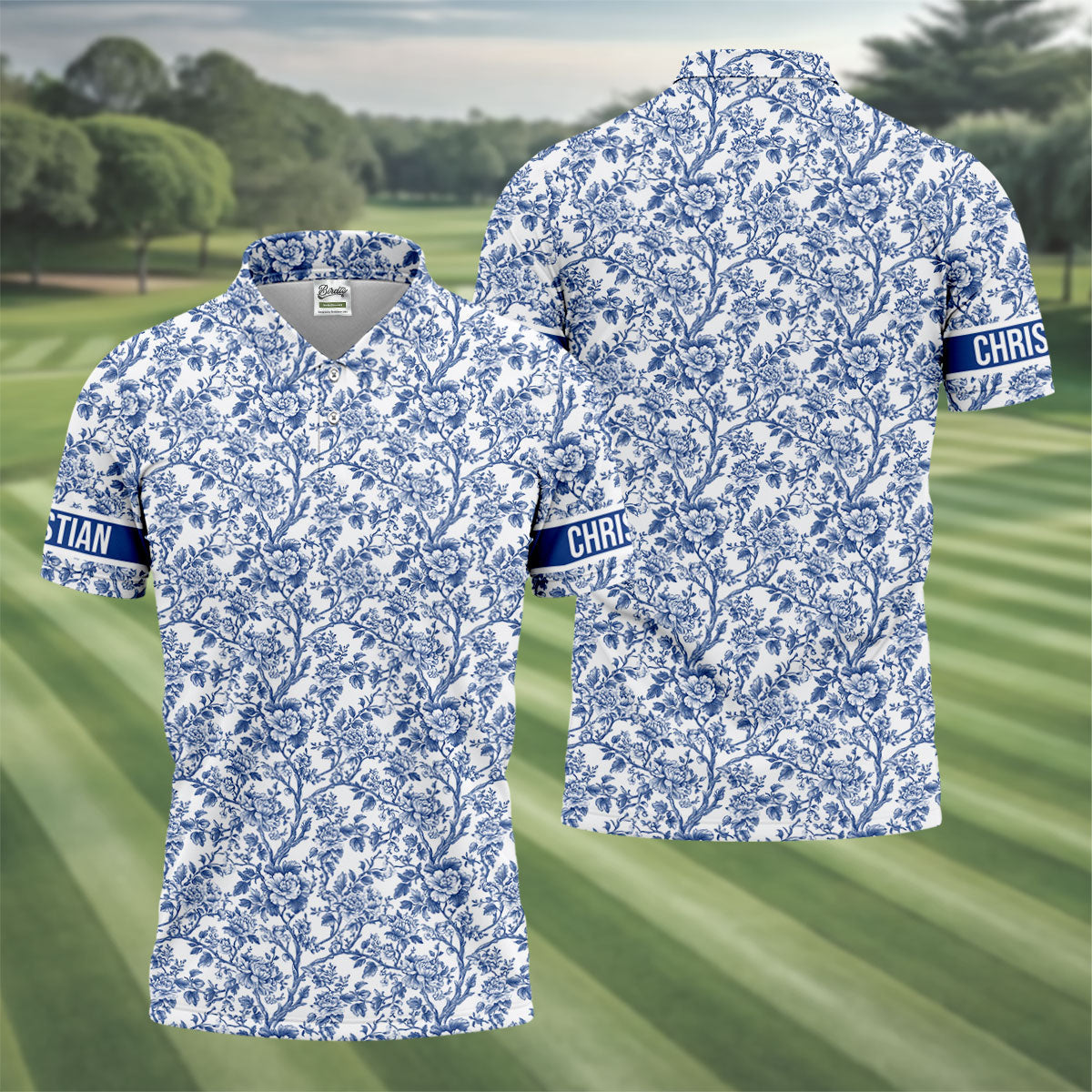 Toile De Jouy Blue Golf Shirt, Golf Tops For Men, Polo Shirts For Men, Golf Gift For Men, Golf Shirts For Men