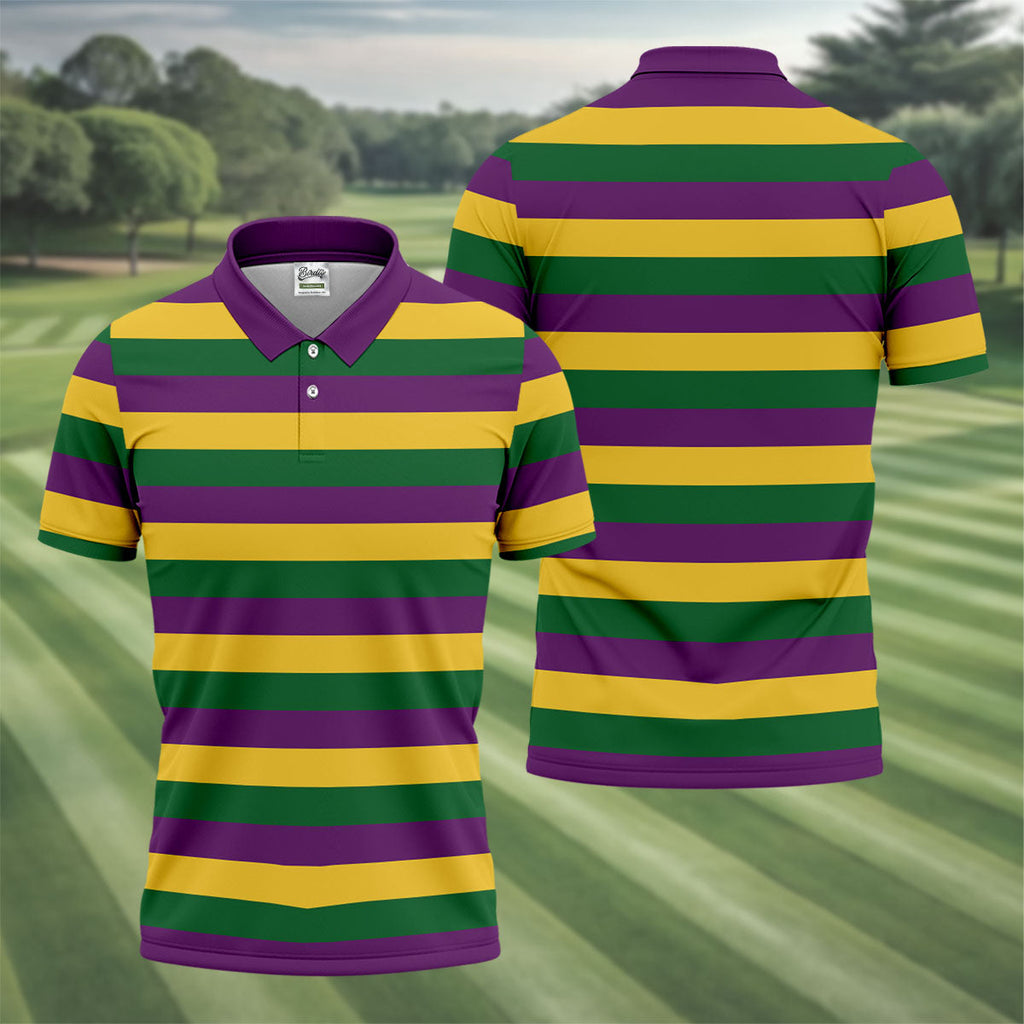 Gold Purple Green Mardi Gras Stripe Men's Golf Polo Shirt Golf Gift For Men, Golf Shirts For Men