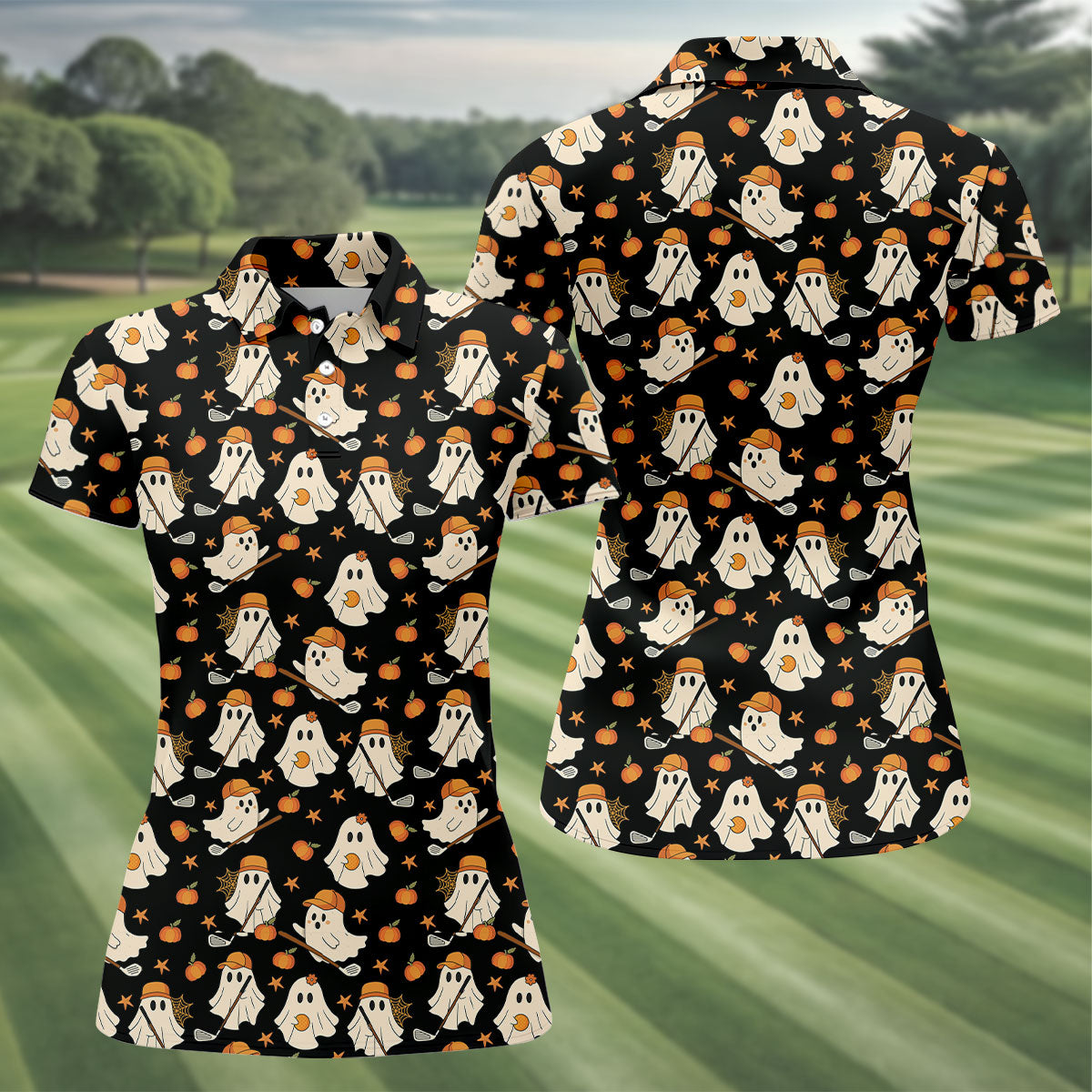 Boo Ghost Cute Pumpkin Halloween Black Golf Shirt, Halloween Gift Idea, Ladies Golf Shirts
