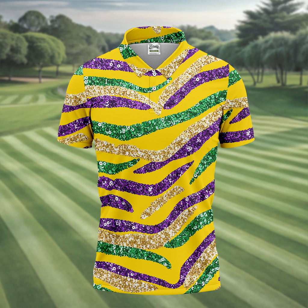 Purple Green Gold Sequin Pattern Yellow Golf Shirt, Mardi Gras Golf Shirt, Polo Shirts For Men