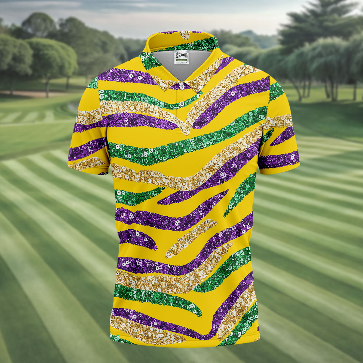 Purple Green Gold Sequin Pattern Yellow Golf Shirt, Mardi Gras Golf Shirt, Polo Shirts For Men