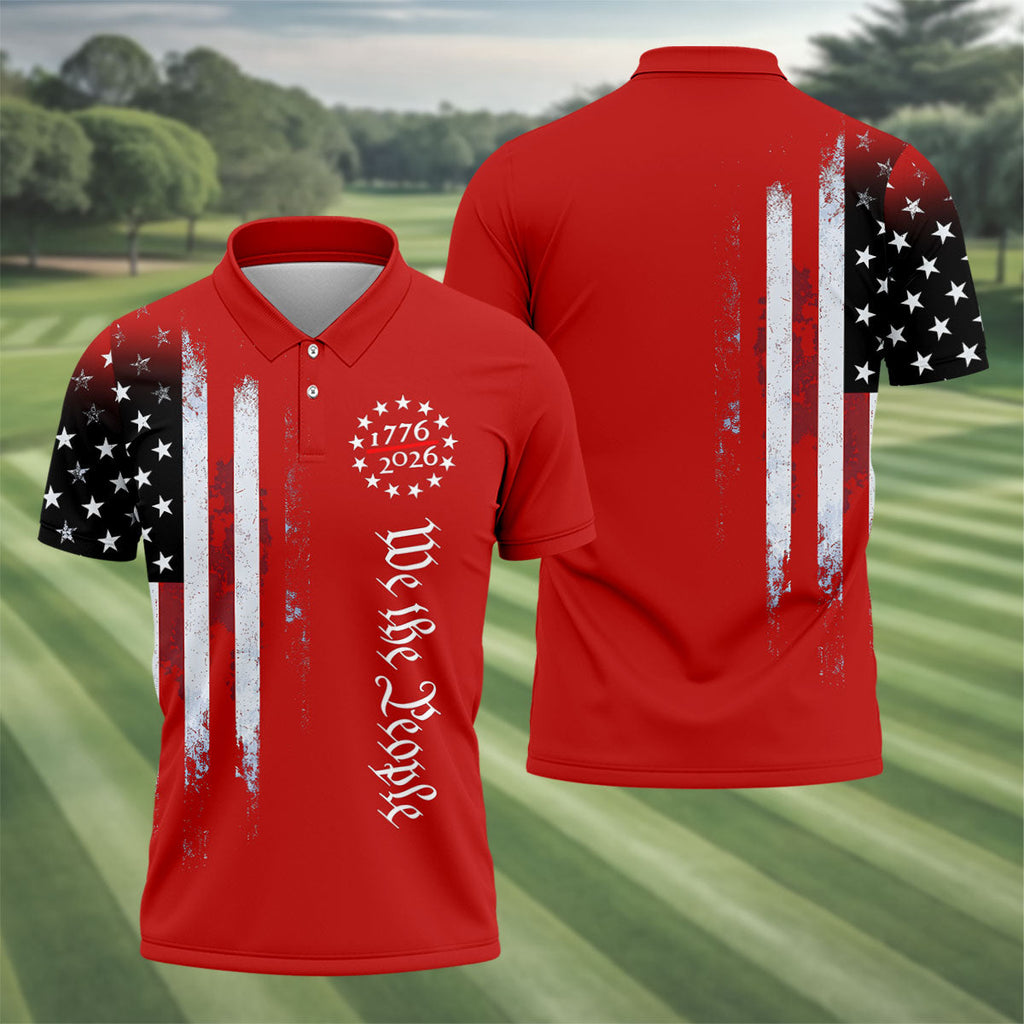 We The People 250 Years Red Vintage Golf Shirt, Patriotic 4th Of July Golf Shirts For Men