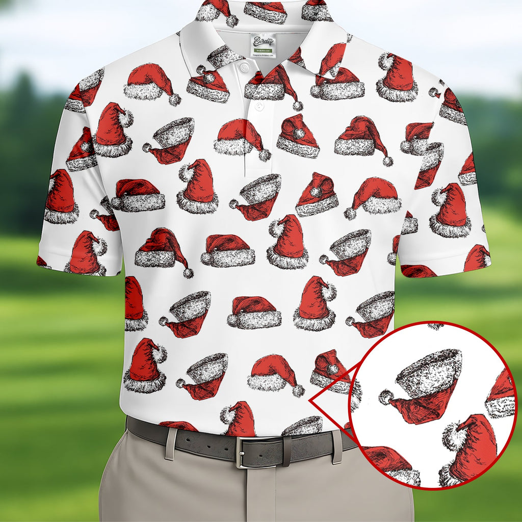 Santa Hat Pattern Christmas White Golf Tops For Men, Christmas Golf Shirt, Men's Golf Apparel