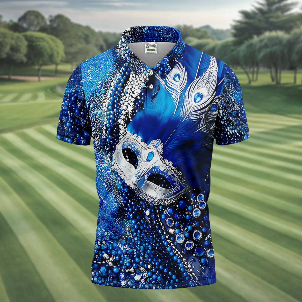 Mardi Gras Masquerade Mask Feather Beads Blue Golf Shirt, Polo Shirts For Men, Golf Shirts For Men