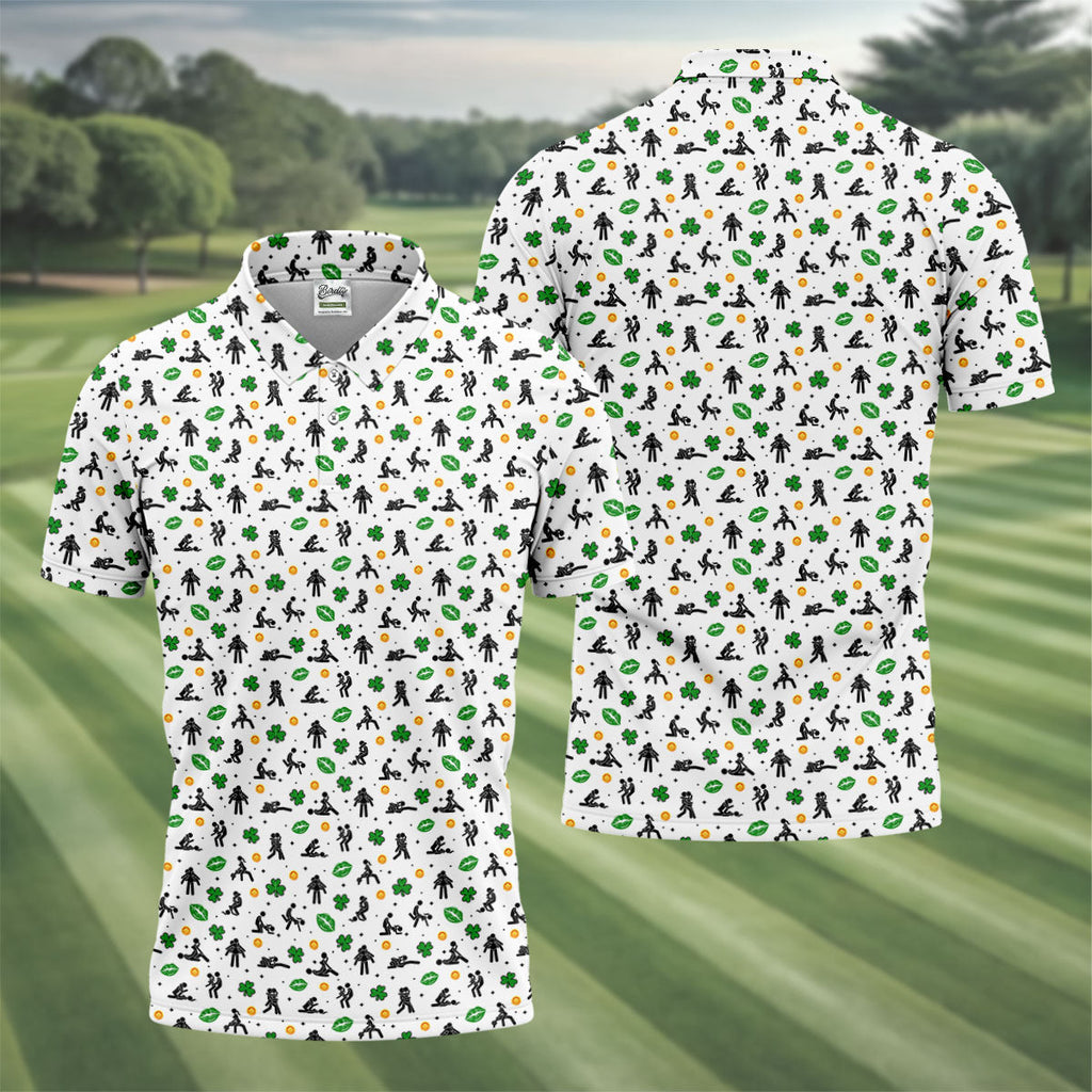 Funny Stick Figure Naughty Position Shamrock St Patrick's Day Golf Shirt, Performance Golf Shirt, Polo Shirts For Men