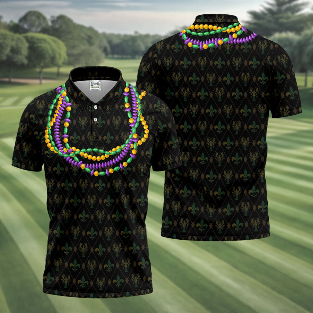 Mardi Gras Beads Chain Crawfish Fleur De Lis Black Golf Shirt, Polo Shirts For Men, Golf Shirts For Men