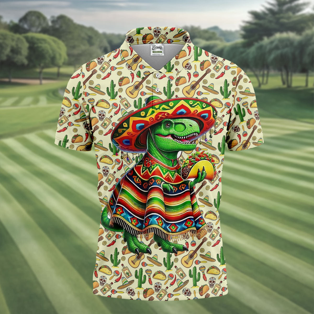 Dinosaur Taco Fiesta Time Golf Tops For Men, Cinco De Mayo Celebration Golf Shirts For Men