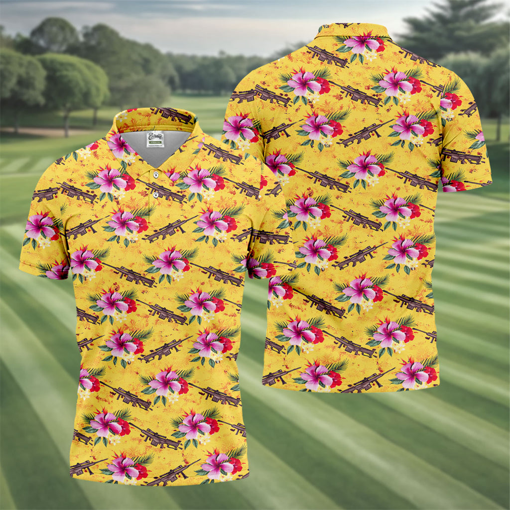 Floral Pattern Army Theme Hawaiian Yellow Golf Shirt, Men's Golf Polo Shirts, Golf Shirts For Men