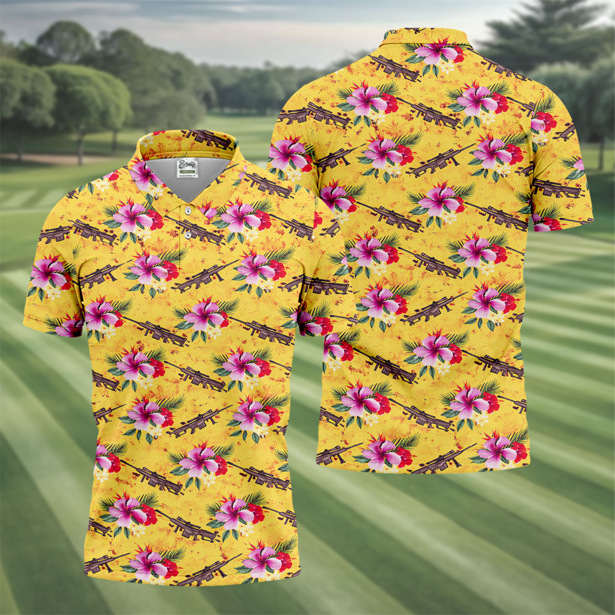 Floral Pattern Army Theme Hawaiian Yellow Golf Shirt, Men's Golf Polo Shirts, Golf Shirts For Men