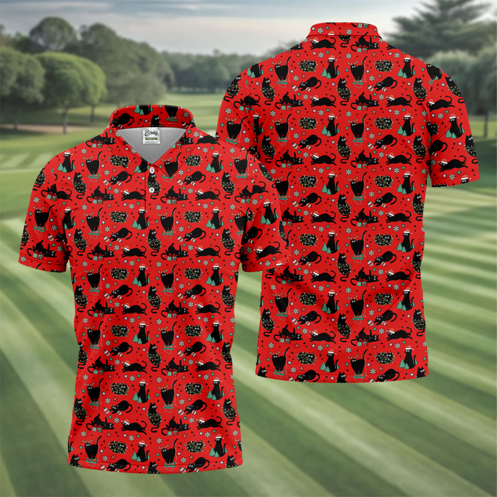 Xmas Black Cat Red Golf Shirt, Polo Shirts For Men, Christmas Golf Shirt, Golf Gift For Men, Christmas Golf Gift