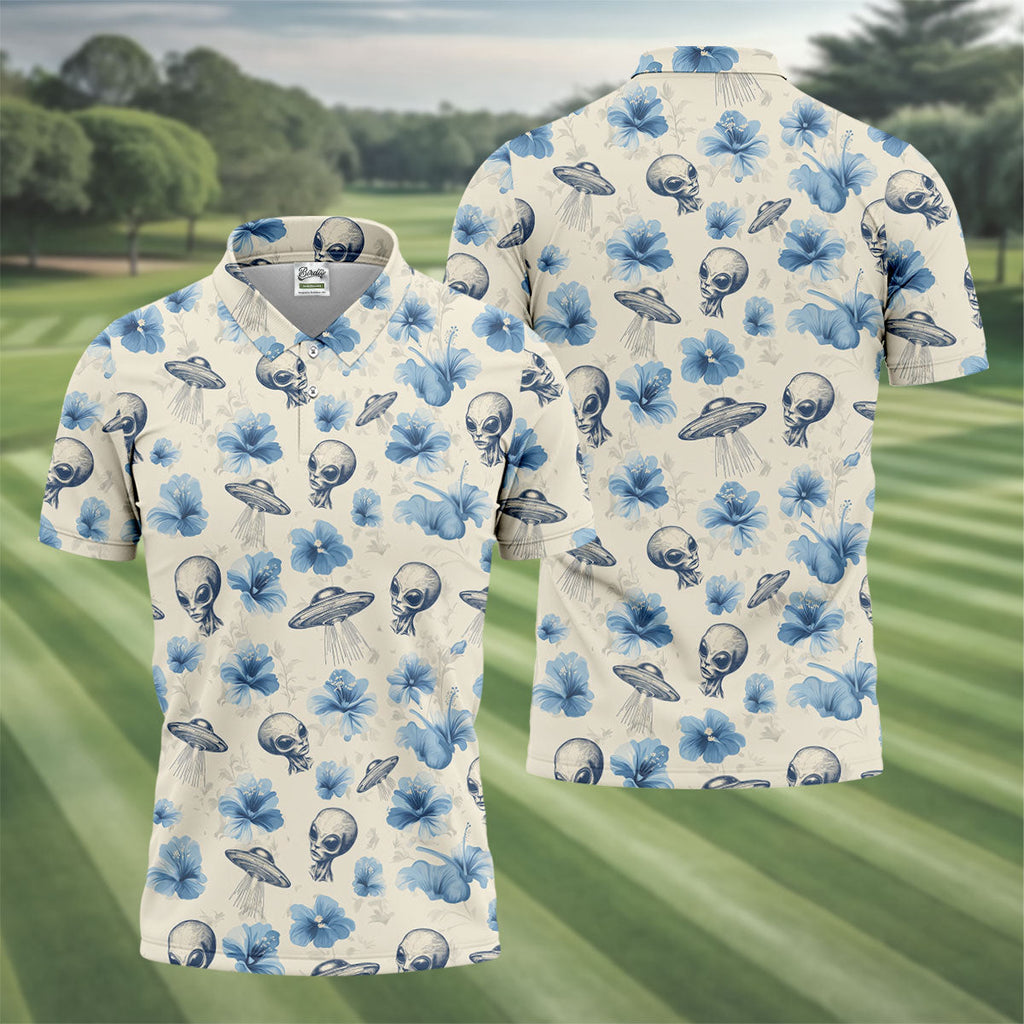 Funny Alien Blue Hibicus Tropical Theme Hawaiian Golf Shirt, Polo ShirtFor Men, Golfing Apparel