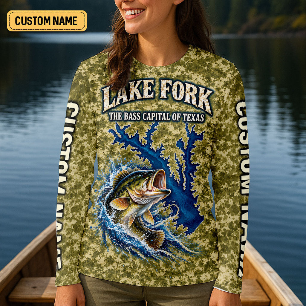 Custom Lake Fork Camo Bass UPF Shirt, Bass Fishing Shirt, Fishing Apparel For Women