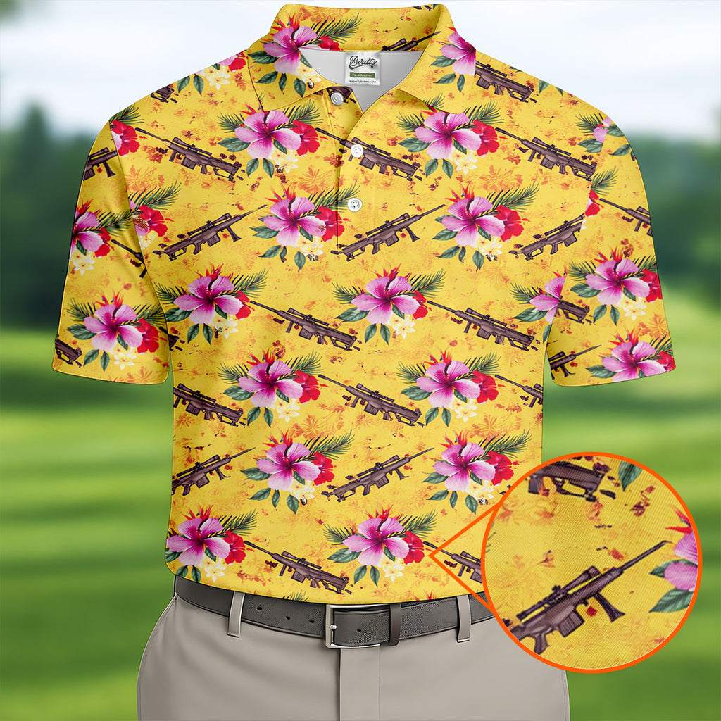 Floral Pattern Army Theme Hawaiian Yellow Golf Shirt, Men's Golf Polo Shirts, Golf Shirts For Men