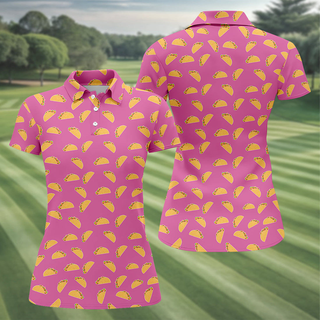 The Pink Taco Seamless Pattern Women's Golf Shirts, Women's Golf Tops, Ladies Golf Shirt
