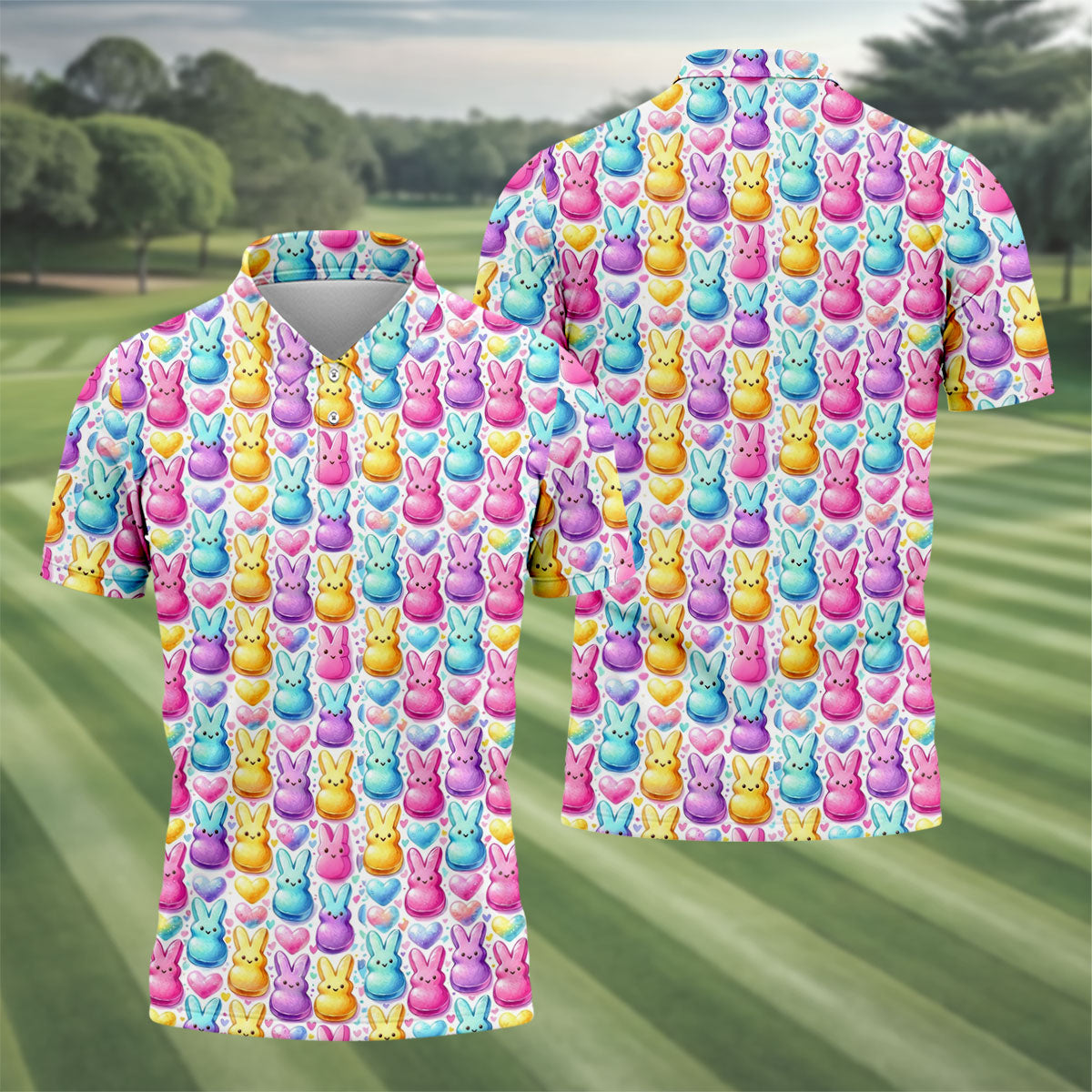 Easter Bunny Jelly Effect Seamless Pattern Golf Shirts For Men, Men's Funny Golf Shirts, Polo Shirts For Men