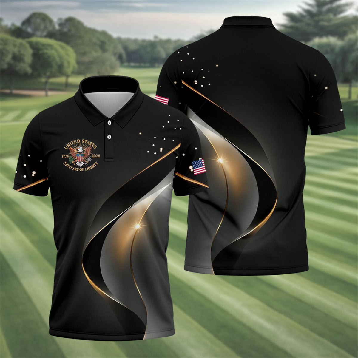 US 250 Years Of Liberty American Flag And Bald Eagle Black Golf Shirt, Patriotic 4th Of July Golf Shirts For Men