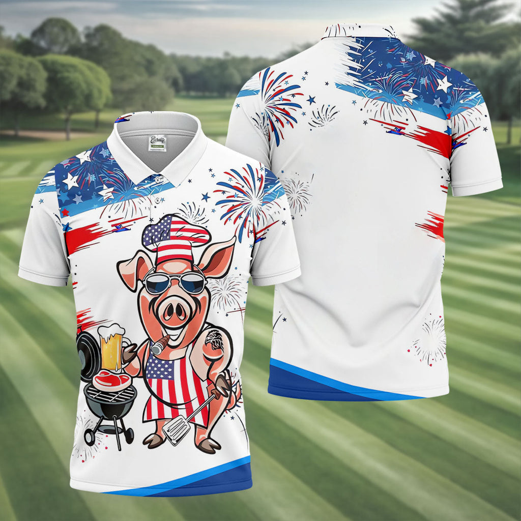 Patriotic American Flag Funny BBQ 250th Anniversary Polo Shirts For Men, Golf Shirts For Men