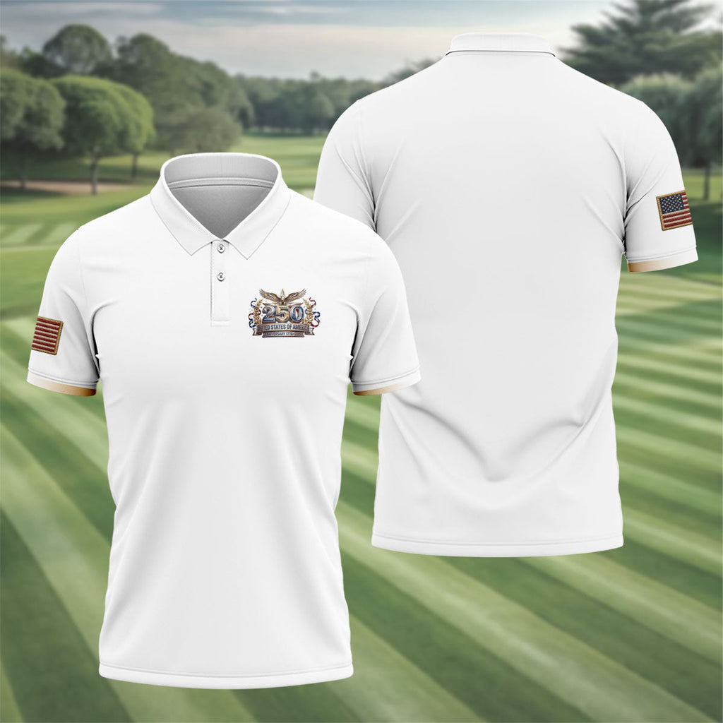 250 Years USA Anniversary 1776-2026 Men's Golf Polo Shirt, America Patriotic Men's White Polo