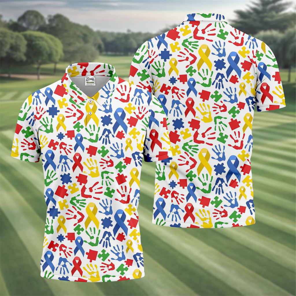 Autism Ribbon Colorful Puzzle Pieces Handprints Golf Tops For Men, Polo Shirts For Men, Golf Shirts For Men