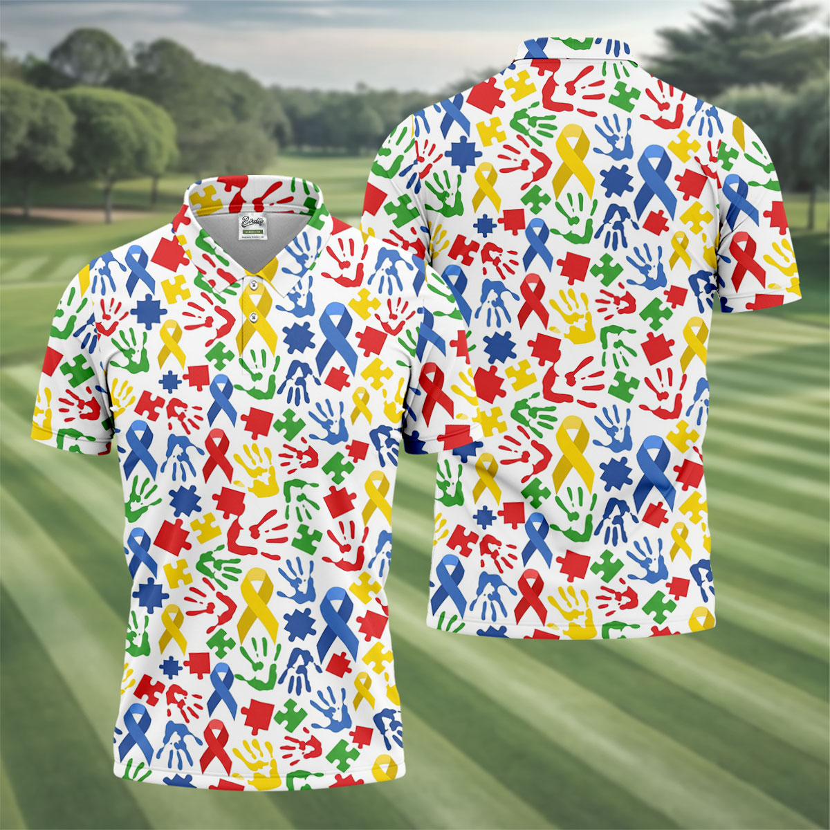 Autism Ribbon Colorful Puzzle Pieces Handprints Golf Tops For Men, Polo Shirts For Men, Golf Shirts For Men