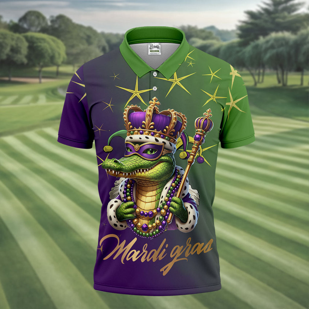 Mardi Gras Aligator Crown Mask Purple Green Gold Golf Tops For Men, Polo Shirts For Men, Golf Shirts For Men