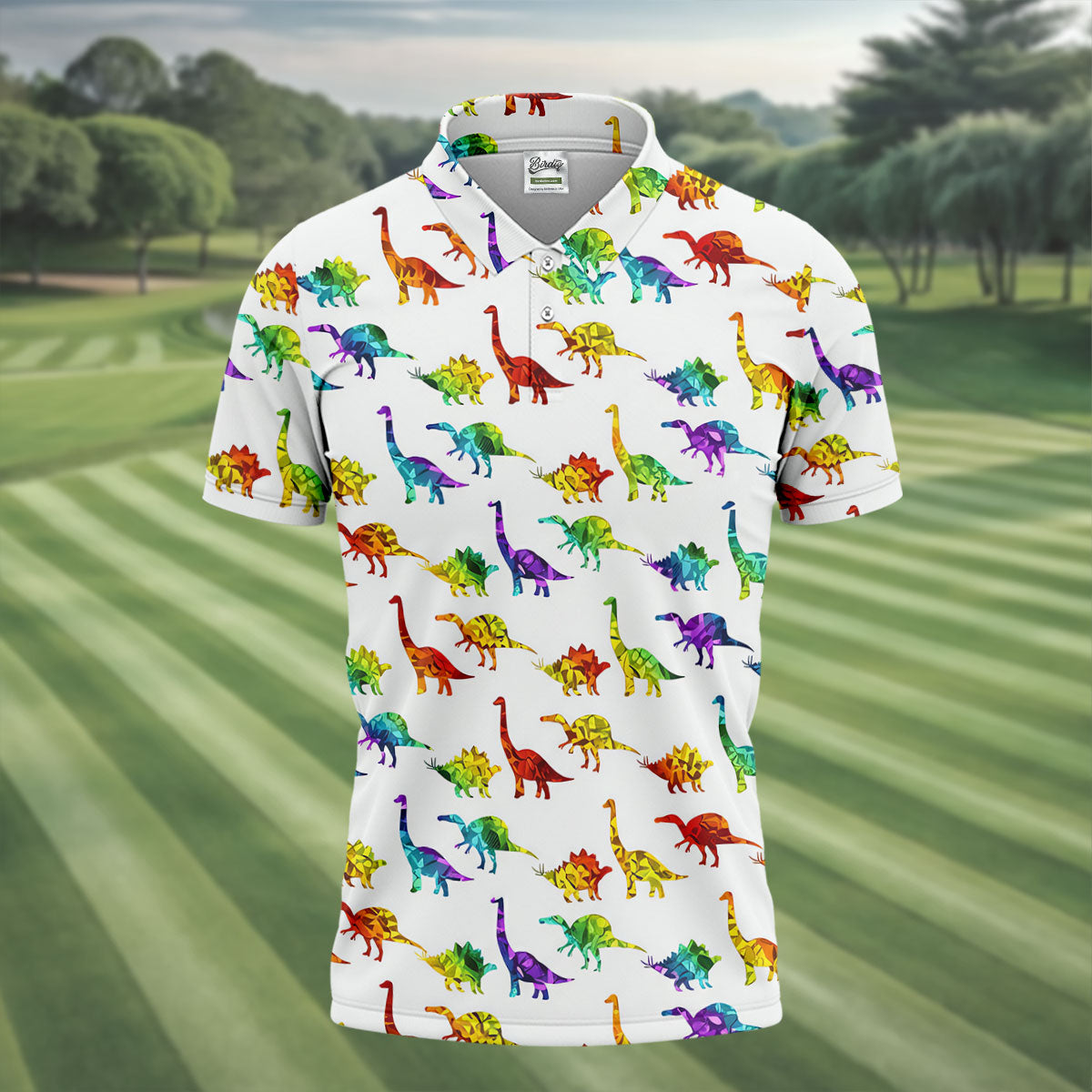 Colorful Dinosaur White Golf Shirt, Golf Tops For Men, Golf Shirts For Men, Polo Shirts For Men