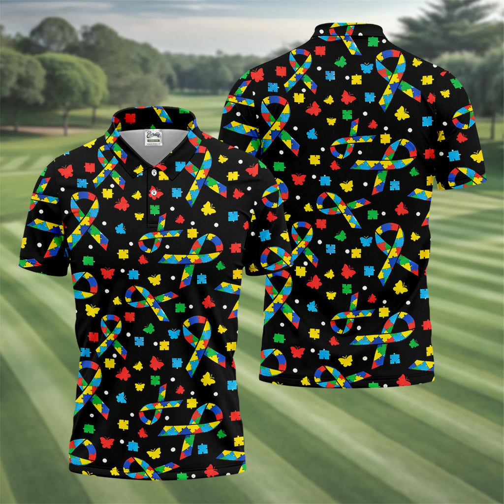 Autism Awareness Ribbon Colorful Butterflies Black Golf Shirt, Golf Tops For Men, Golf Shirts For Men