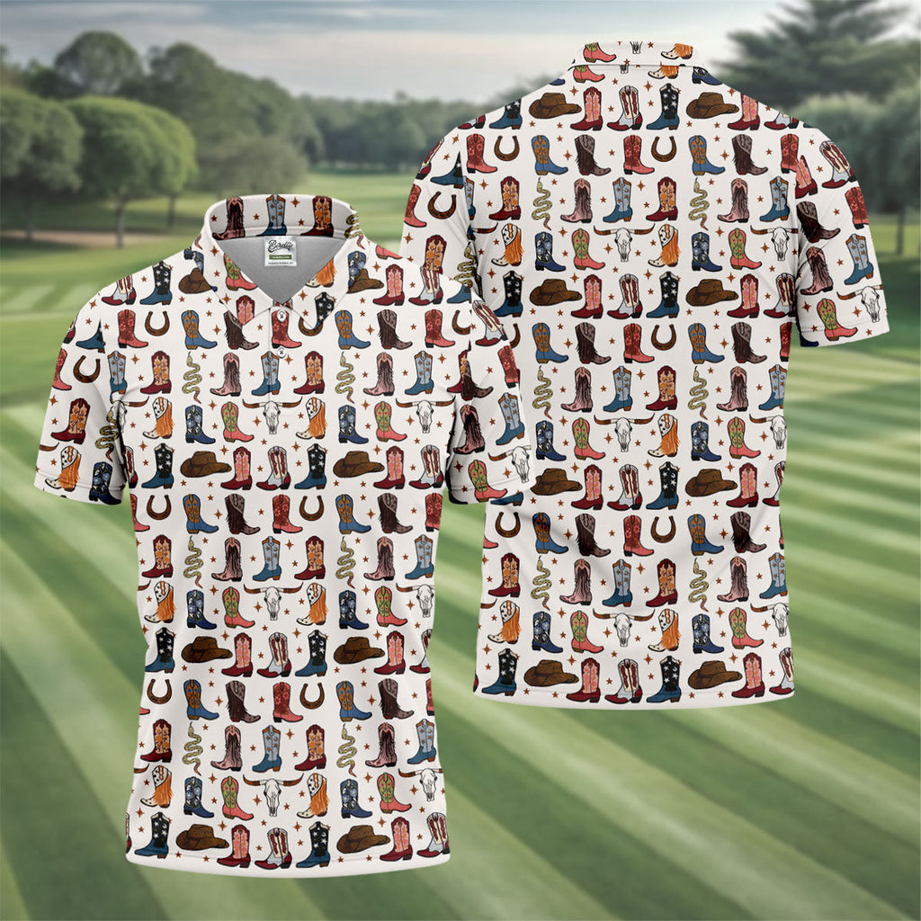 Western Cowboy Boots Horseshoes Pattern Retro Golf Shirt, Polo Shirts For Men, Golf Shirts For Men