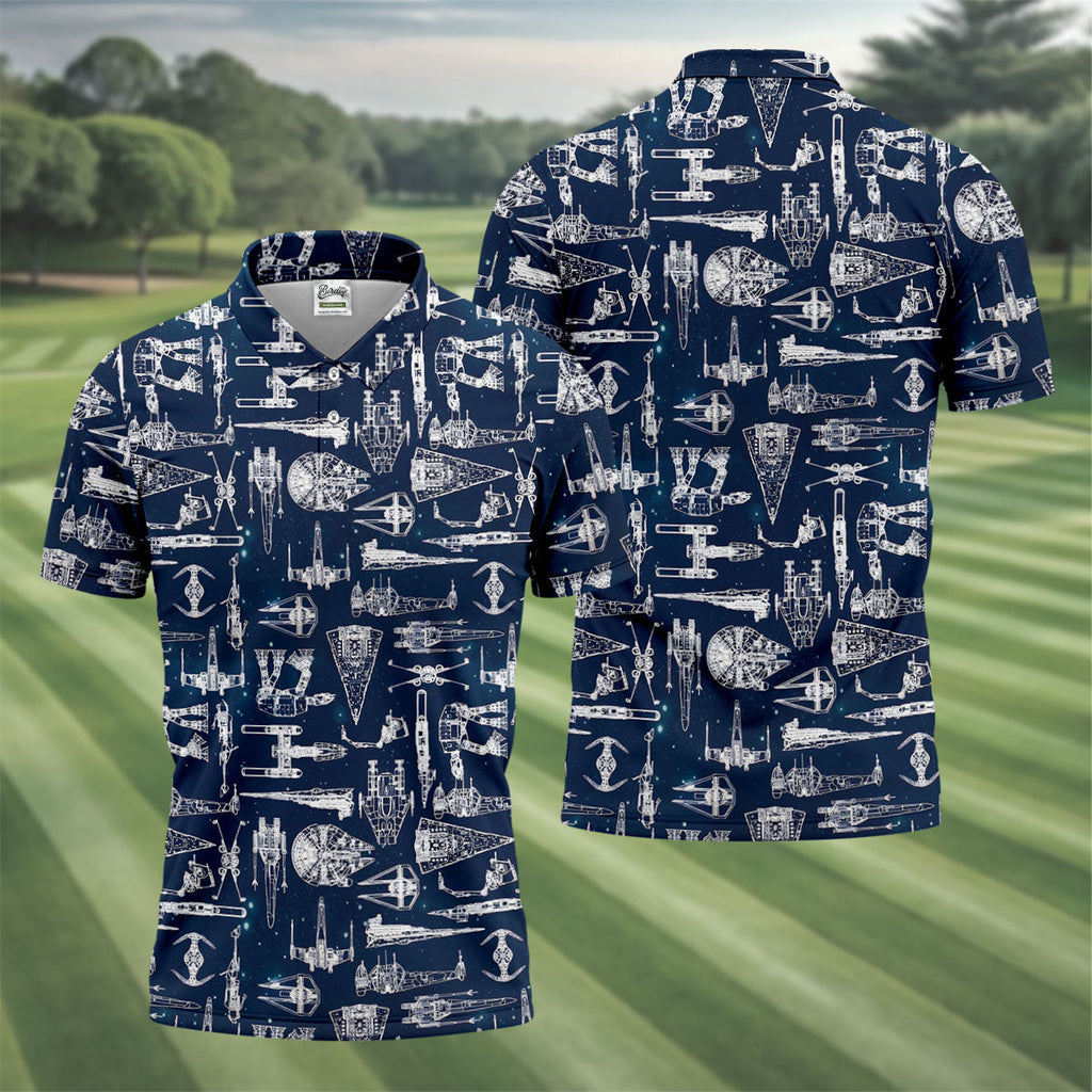 Line-art Sketches Sci-Fi Spacecraft Dark Navy Golf Shirts For Men, Polo Shirts For Men, Golfing Apparel