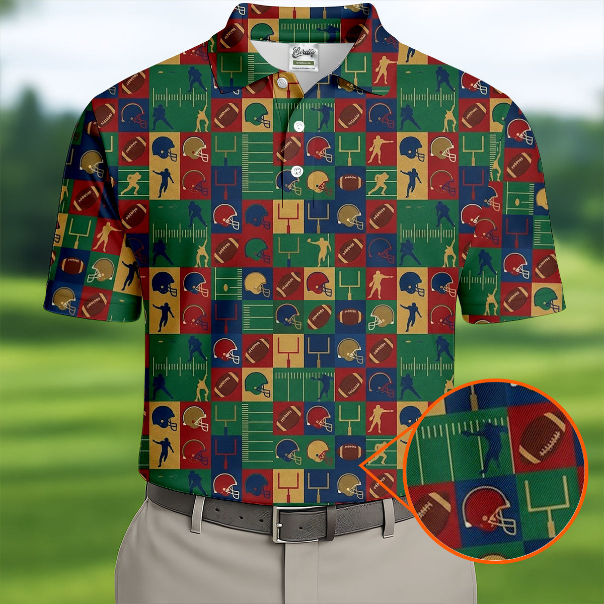 Football Pattern Square Grid Sport Polo, American Football Shirt, Game Day Football Theme Polo For Men