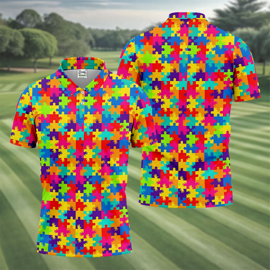 Colorful Handprints Autism Awareness Puzzle Golf Tops For Men, Polo Shirts For Men, Golf Shirts For Men