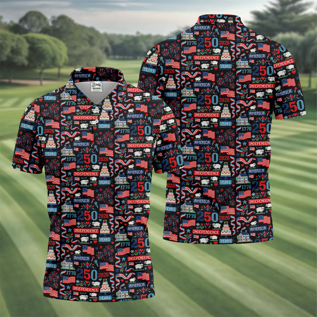 America Independence 250 Years Black Golf Shirt, Patriotic 4th Of July Golf Shirts For Men
