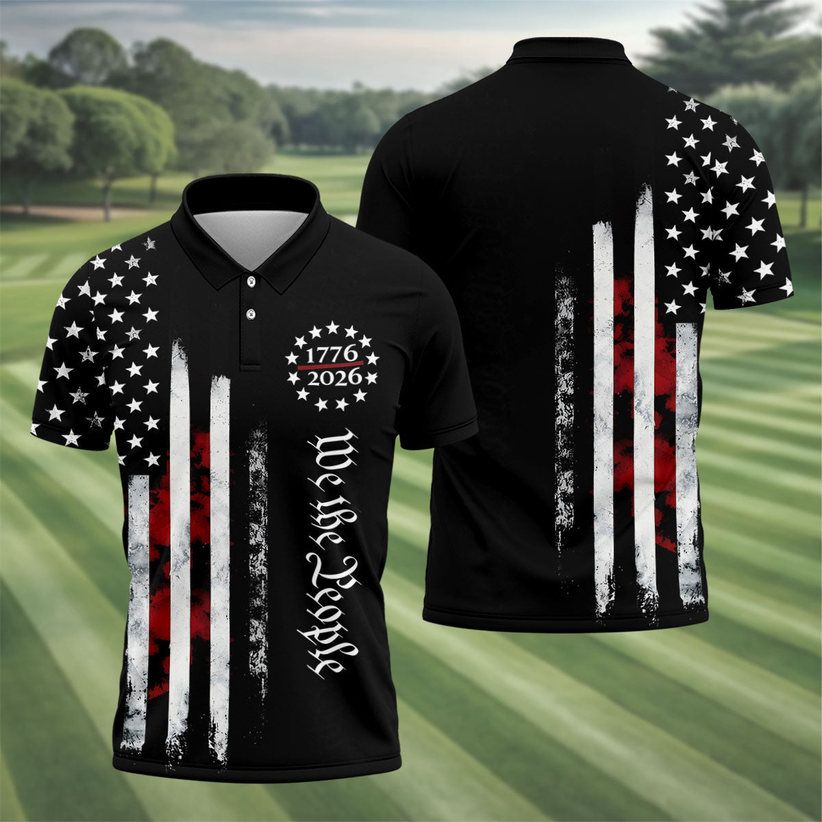 We The People Distressed Flag Patriotic Black Golf Shirt, 250 Years 4th Of July Golf Shirts For Men