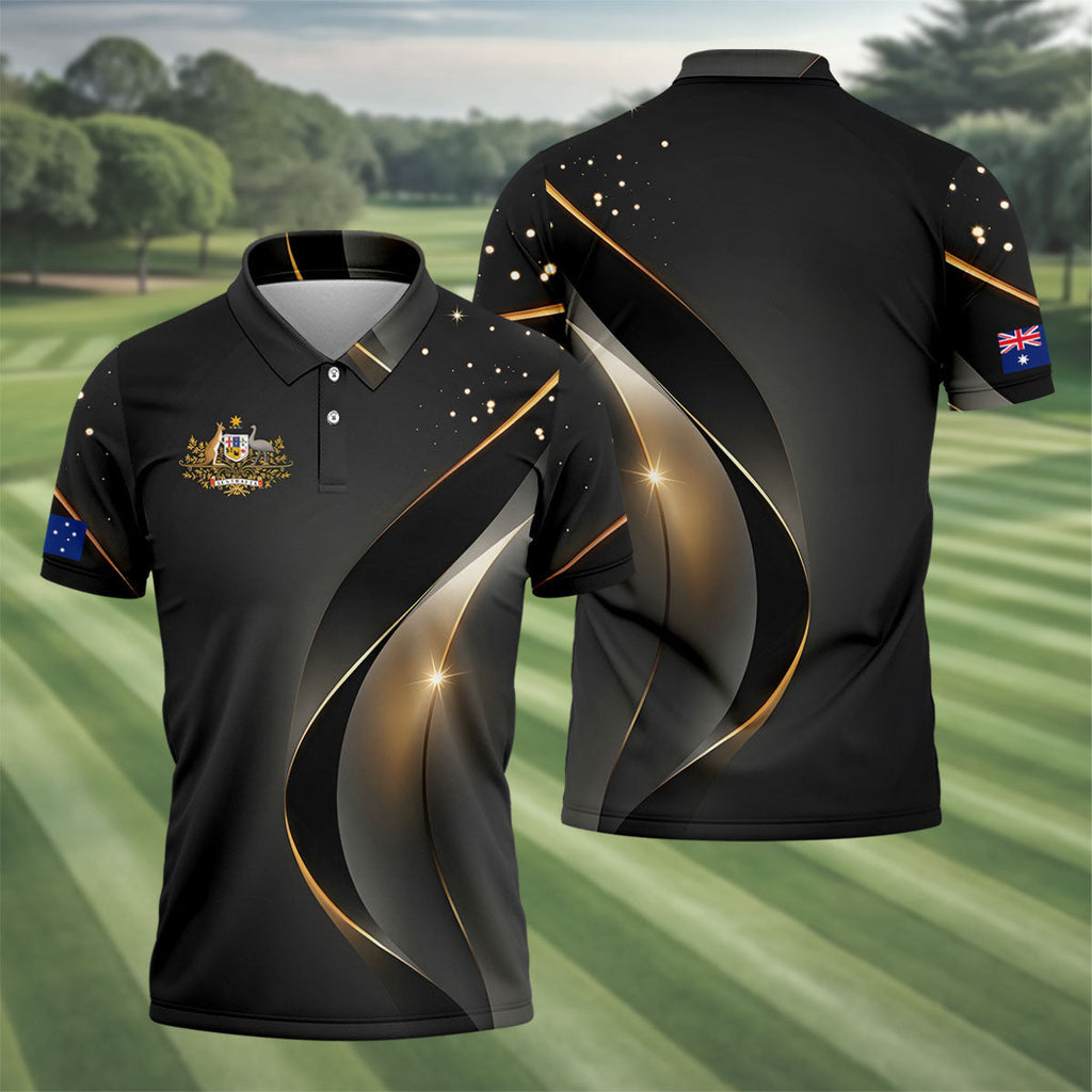 Australian Coat Of Arms Black And Gold Gradient Golf Tops For Men, Polo ShirtFor Men