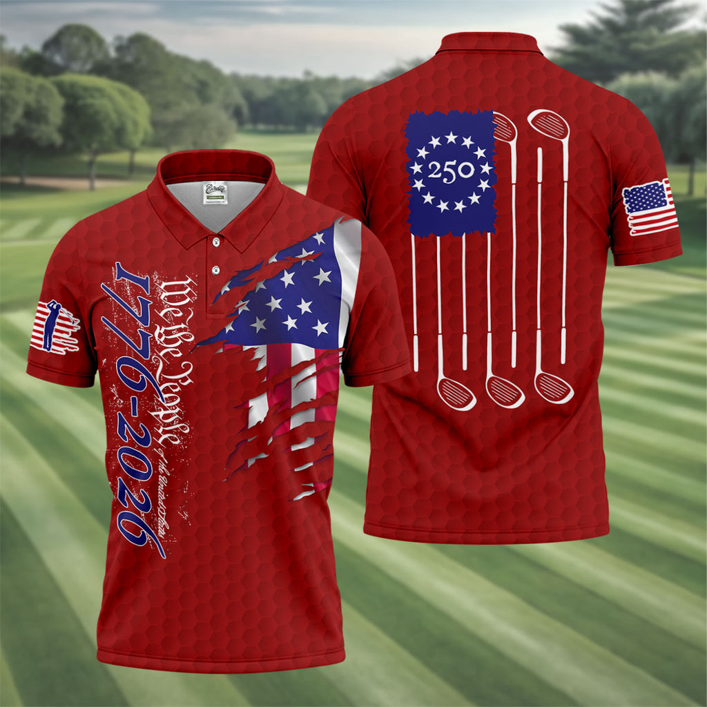 We The People Distressed American Flag Red Golf Shirt, 4th Of July Golf Shirts For Men