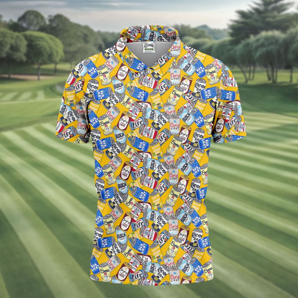 American Beer Cans Yellow Golf Shirt, Golf And Beer Polo ShirtFor Men, Golf Shirts For Men