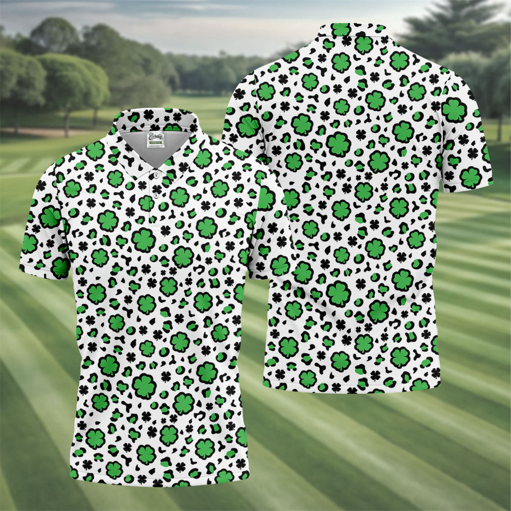 Lucky Four Leaf Clover Leopard Pattern St Patrick's Day Golf Shirt, Polo ShirtFor Men, Golf Shirts For Men
