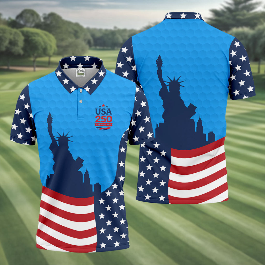 USA 250 Anniversary Statue Of Liberty Blue Golf Shirt, Patriotic Golf Shirt, 4th Of July Golf Shirts For Men