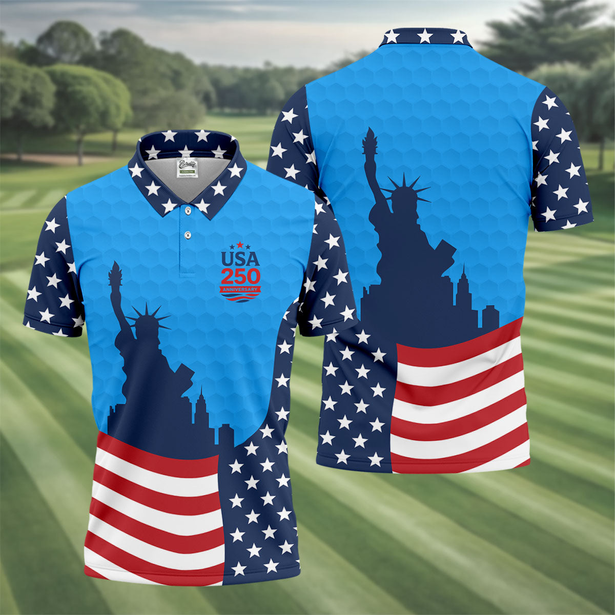 USA 250 Anniversary Statue Of Liberty Blue Golf Shirt, Patriotic Golf Shirt, 4th Of July Golf Shirts For Men