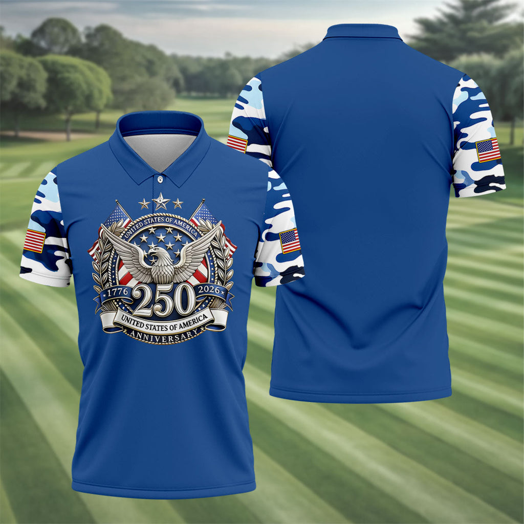 Patriotic Bald Eagle Blue And White Camo Blue Golf Shirt, 250th Anniversary Golf Shirts For Men