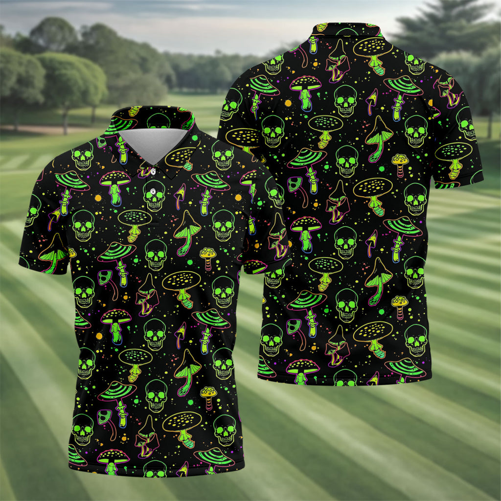 Mushroom And Skull Neon Pattern Hawaiian Golf Shirt, Men's Funny Golf Shirts