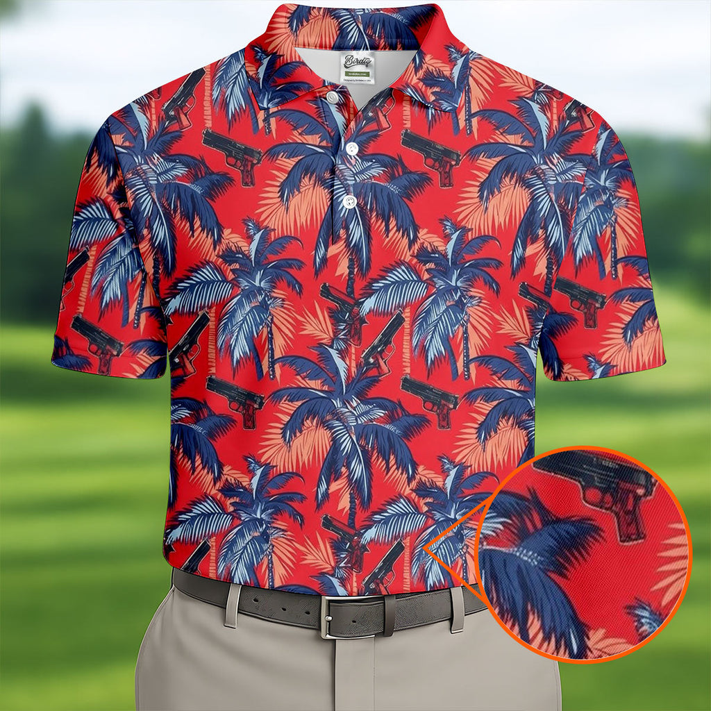 Hawaiian Palm Tree Military Theme Red Golf Shirt, Golf Shirts For Men, Polo Shirts For Men