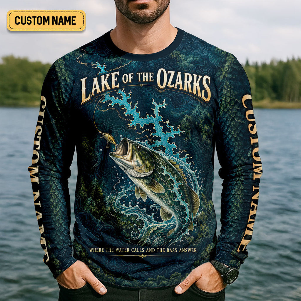 Custom Lake Of The Ozarks Bass Map UPF Shirt, Long Sleeve Fishing Shirt, Mens Fishing Tee