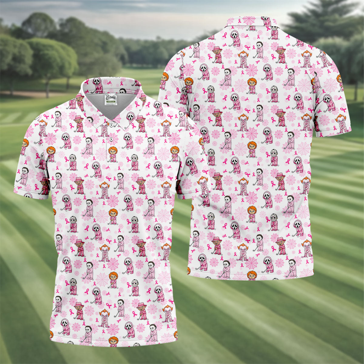 Halloween Horror Character Breast Cancer Polo Shirt, Mens Golf Polo, Golf Apparel For Men